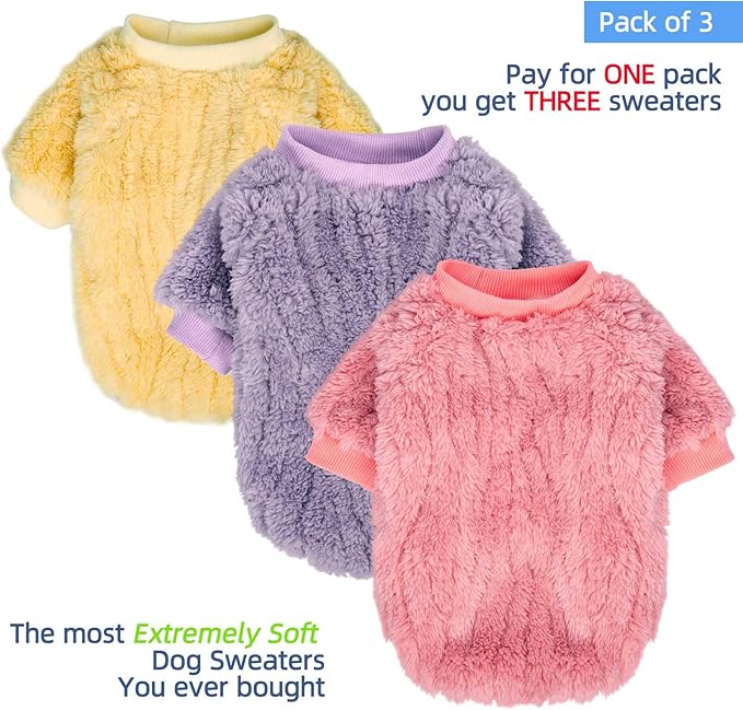 FabriCastle Dog Sweater, 3-Pack Dog Clothes & Coat, Pet Jacket for Small or Medium Dogs Boy or Girl, Soft and Warm Cat Sweaters Doggy Apparel Costumes Christmas (Lavender,Pink,Butter Yellow, X-Large)
