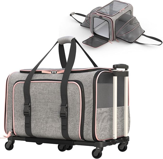 Katziela Rolling Rover Airline Compliant Expandable Premium Pet Carrier 6-Wheeled Baseboard Telescopic Handle Two-Sided Expandable Rolling Carrier Designed (Gray- Pink Piping)