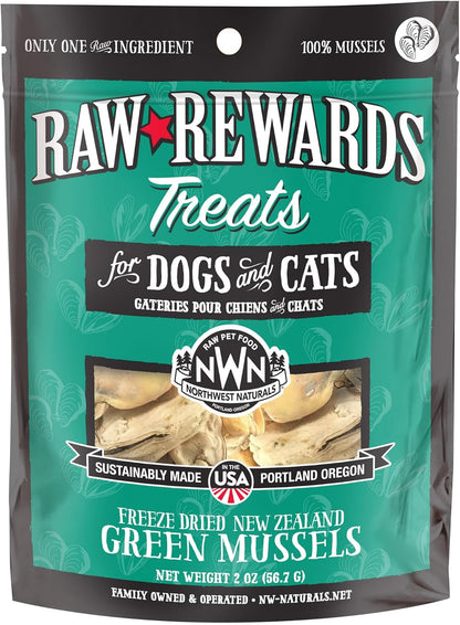 Northwest Naturals Raw Rewards Freeze-Dried Green Lipped Mussel Treats for Dogs and Cats - Bite Sized Pieces - Grain Free - 1 Ingredient - Healthy - Human Grade - All Natural - USA Made - 2 Oz
