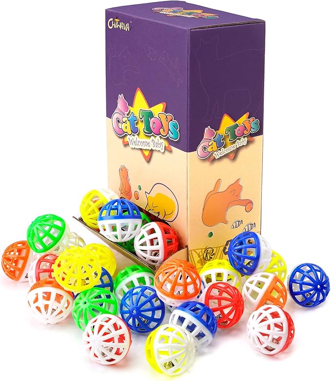 CHIWAVA 45PCS 1.6'' Cat Toy Ball with Bell Plastic Lattice Jingles Balls Kitten Chasing Pounce Rattle Toy Assorted Color
