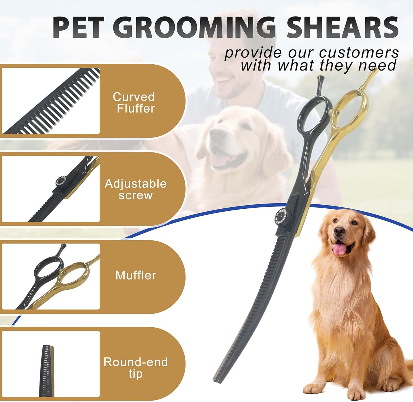 7" Curved Thinner Dog Scissor, Curved Fluffer Scissors, 43 Teeth, 50% Thinning Rate, Professional Pet Shear for Groomer, Ergonomic Dog Grooming Scissor, Dogs Shear for Grooming to remove bulk quickly