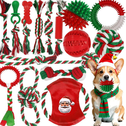Dog Toys 15 Pack for Teeth Cleaning and Fun, Puppy Teething Chew Toys Tug Rope Squeaky Treat Balls & Rubber Tous Bulk– Variety Dog Gifts Set Reduce Anxiety & Save Furniture, Christmas