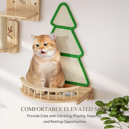 Cat Wall Shelves, Cat Wall Furniture Pine Wooden Feline Shelf, 16 Piece Shelves and Perches with Bowl, Warmer Mat, Condos, House, Steps and Cat Scratcher