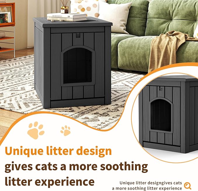 VIXZEN Cat House Resin Outdoor Cat House with Flip Lid Elevated Raised Floor Waterproof Easy Access Easy Assembly Easy to Clean Cat Houses for Outdoor Cats,Black