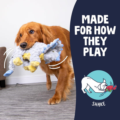 goDog Dinos Frills Squeaky Plush Dog Toy with Chew Guard Technology, Durable Fabric & Squeaker for Active Play, Gray, Large