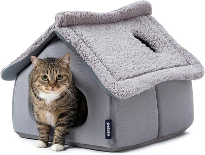 Cat Houses for Indoor Cats - Large Cat Cave Bed with Removable Support Foam and Washable 2-Side Mat - Covered Cat Bed for Cat Hideaway - Enclosed Cat Hideout for Kitten and Small Pet, Grey