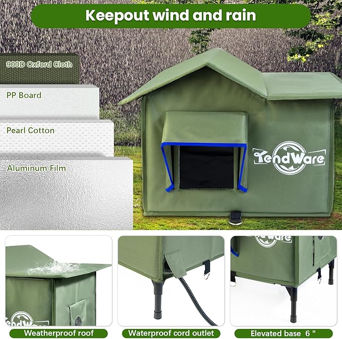 Heated Cat House for Outside Outdoor Cat House with Elevated Base Cat-Attracting Eave Design Feral Stray Shelter Weatherproof in Winter Garage Yard Porch Size M