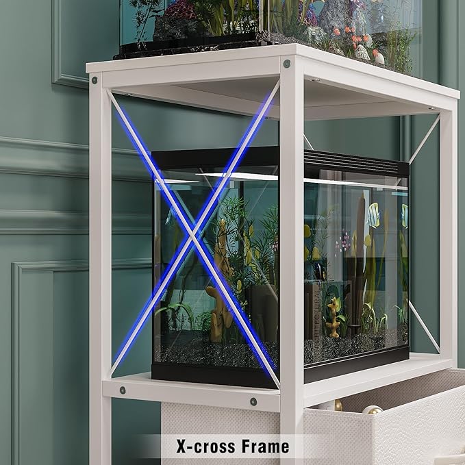 Fish Tank Stand 10 Gallon with 2-Tier Shelf, Aquarium Stand with 2 Drawers, Metal Frame Heavy Duty Reptile/Turtle Tank Stand for Home Office, Fish Tanks Accessories Storage, White