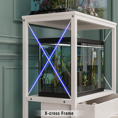 Fish Tank Stand 10 Gallon with 2-Tier Shelf, Aquarium Stand with 2 Drawers, Metal Frame Heavy Duty Reptile/Turtle Tank Stand for Home Office, Fish Tanks Accessories Storage, White