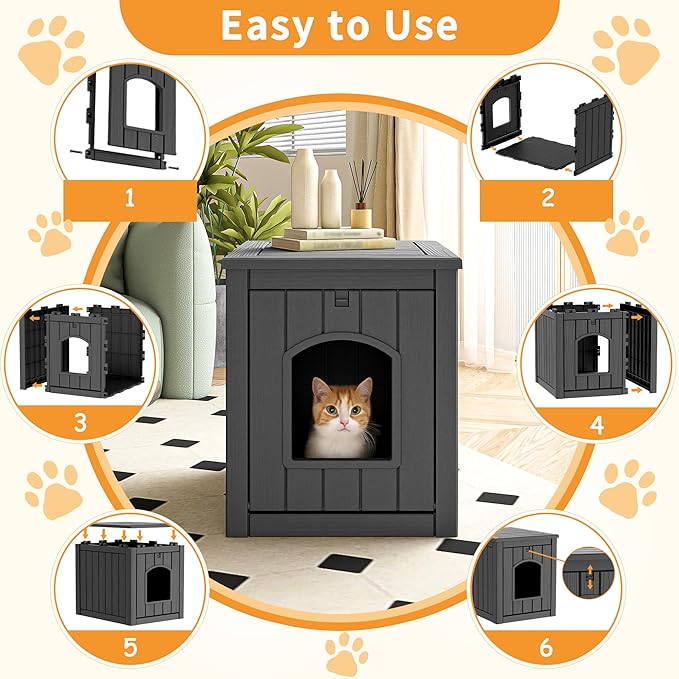 VIXZEN Cat House Resin Outdoor Cat House with Flip Lid Elevated Raised Floor Waterproof Easy Access Easy Assembly Easy to Clean Cat Houses for Outdoor Cats,Black