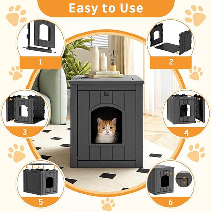 VIXZEN Cat House Resin Outdoor Cat House with Flip Lid Elevated Raised Floor Waterproof Easy Access Easy Assembly Easy to Clean Cat Houses for Outdoor Cats,Black