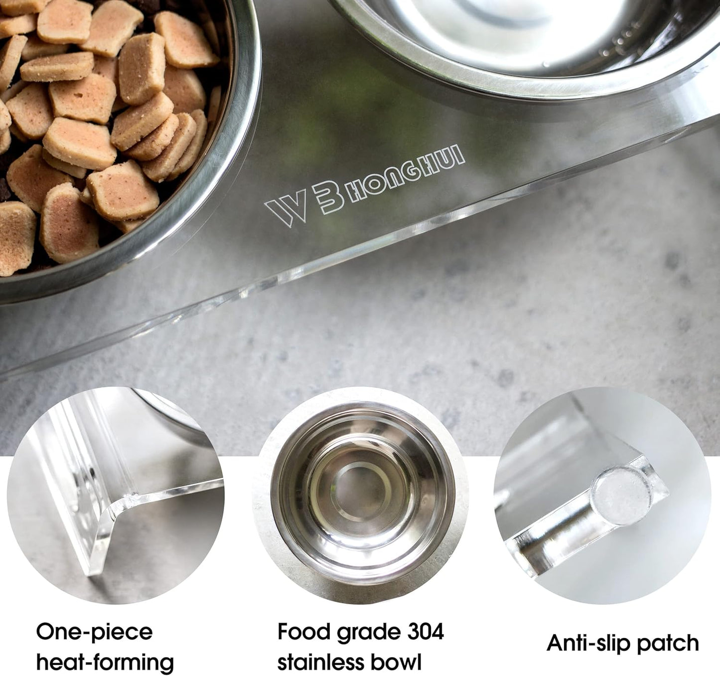 Tilted Raised Elevated Food and Water Bowls Stand for Cat or Small Dogs - Puppy's Clear Acrylic Stainless Steel Dishes Holder for Boy or Girl Pet,Modern,Durable and Easy to Clean by WBhonghui (Clear)