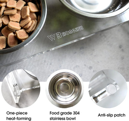 Tilted Raised Elevated Food and Water Bowls Stand for Cat or Small Dogs - Puppy's Clear Acrylic Stainless Steel Dishes Holder for Boy or Girl Pet,Modern,Durable and Easy to Clean by WBhonghui (Clear)