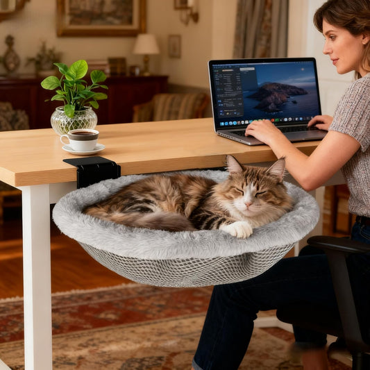 L&W BROS.Cat Desk Bed – Supports Up to 50 lbs, Removable Machine-Washable Plush Cover, Comfortable Cat Perch for Indoor, Space-Saving Foldable Design Cat Bed for Gaming Desks, Home Office