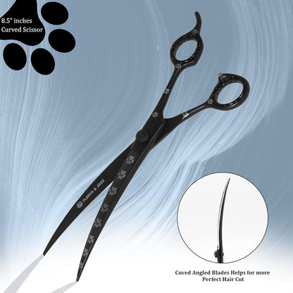 Professional Dog Grooming Scissors Set of Straight, Curved, Thinner/Blender and Chunker Shears with Paw Prints for Dogs, Cats & Pets (Right Handed, Black, Stainless Steel 8 Inch)