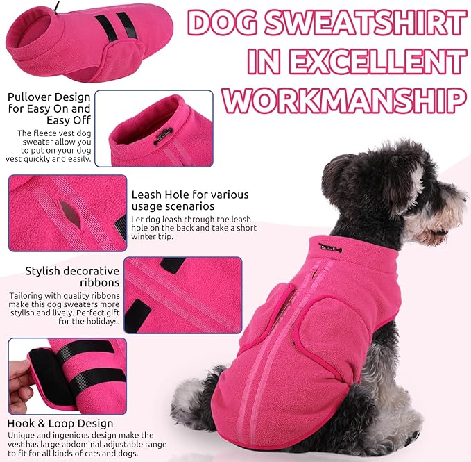 Queenmore Small Dog Sweater, Soft Fleece Vest Pullover Dog Jacket with Leash Hole, Warm Winter Dogs Clothes Cold Weather Doggy Dachshund Sweaters for Small Dogs Cats Boy or Girl (Pink, XS)