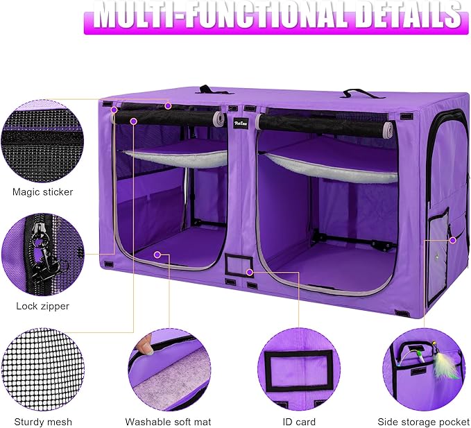 Huge Sapce Double Compartment Cat Travel Carrier with Litter Box & Homack | Cat Show Kennel Cage Crate with Mat & Water Bottle