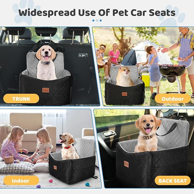 Dog Car Seat for Small/Medium Dogs Under 35 lbs – Pet Booster Seat with 6-inch Memory Foam, Dog Car Bed with Removable and Washable Cover, 2 Safety Belts and 2 Storage Bags