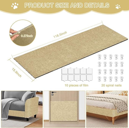 Cat Scratch Mat,118.5"x15.9" Trimmable Self-Adhesive Cats Scratch Carpet,Couch Protector from Cats Claw, Cat Scratch Furniture Protector, Indoor Furniture Protection for Chair, Wall, Sofa (Beige)
