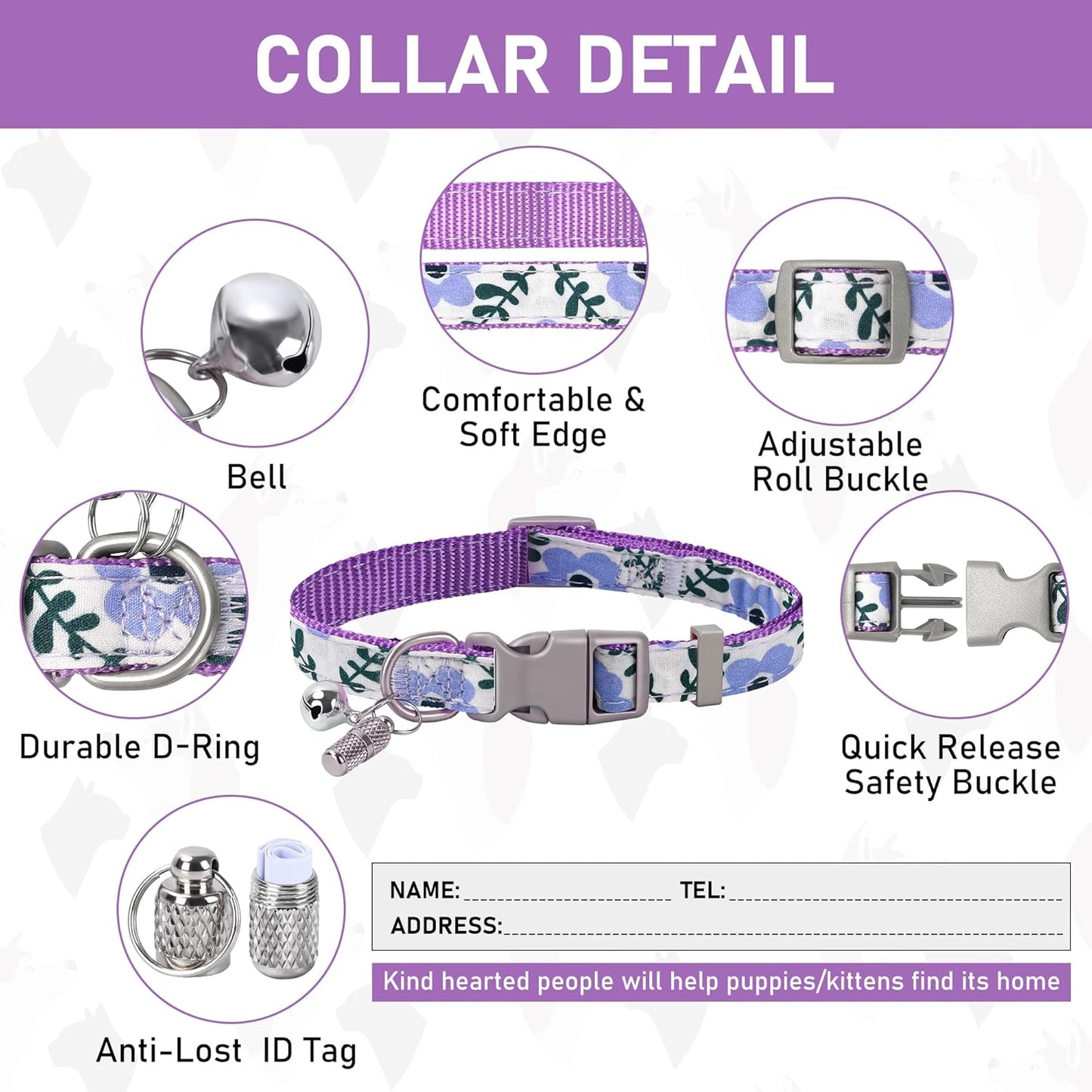 GAMUDA Small Dog Harness Collar and Leash Set, Step in No Chock No Pull Soft Mesh Adjustable Dog Vest Harnesses Plaid Reflective for Dogs Puppy Cats Kitten Rabbit (Purple Flower, L)