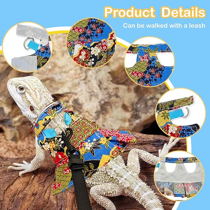 Lizard Harness Dress and Leash, Adjustable Hamster Ferret Harness and Leash Set, No-Pull Walking Vest for Lizard Small Animal Gecko Chameleon (flowercolor M