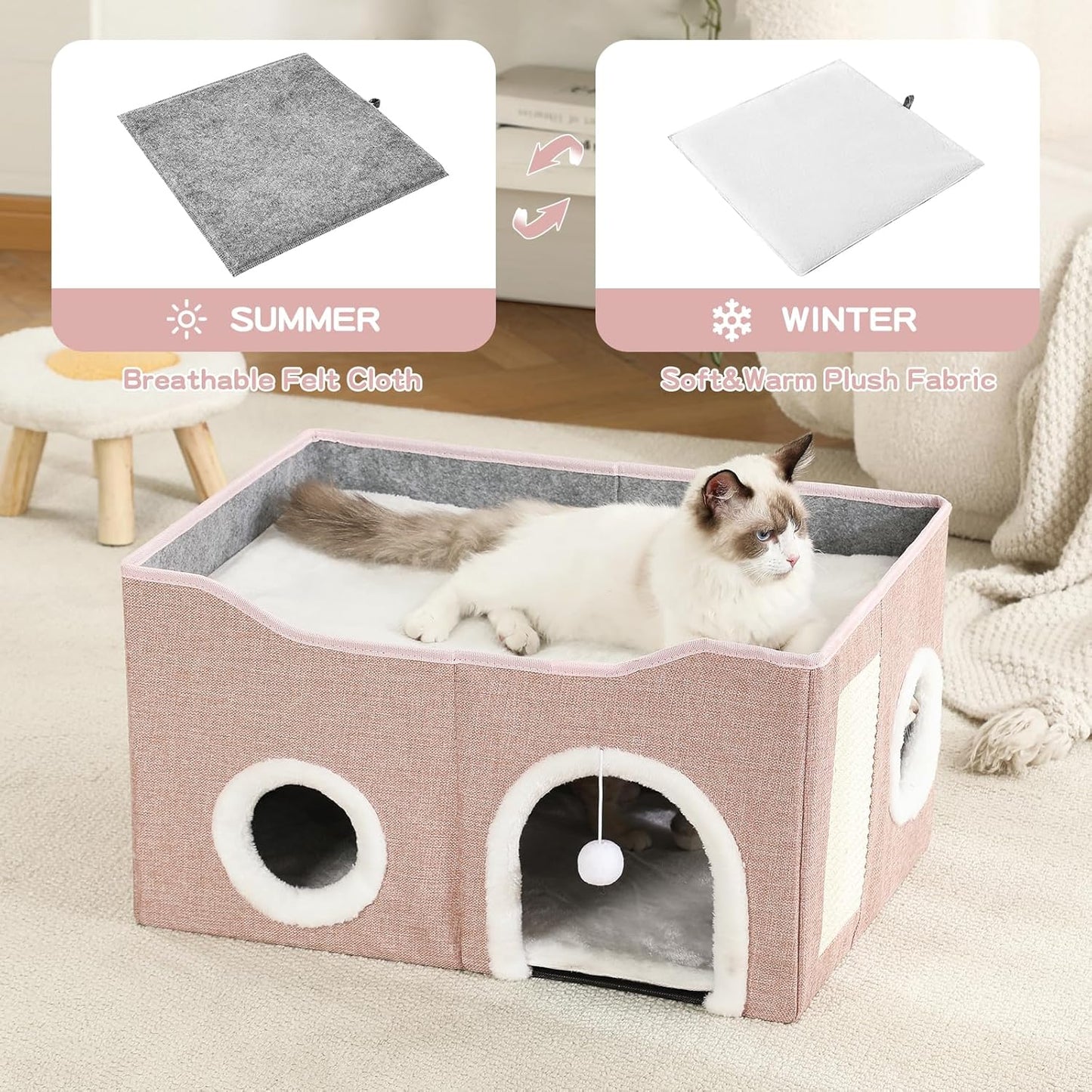 Large Cat Bed for Indoor Cats, Extra Wide Cat Cave House with Scratch Pad and Fluffy Ball, Foldable Cat Hideaway for Kitten Bed, Cat Condo for Cats (Pink, X-Large)