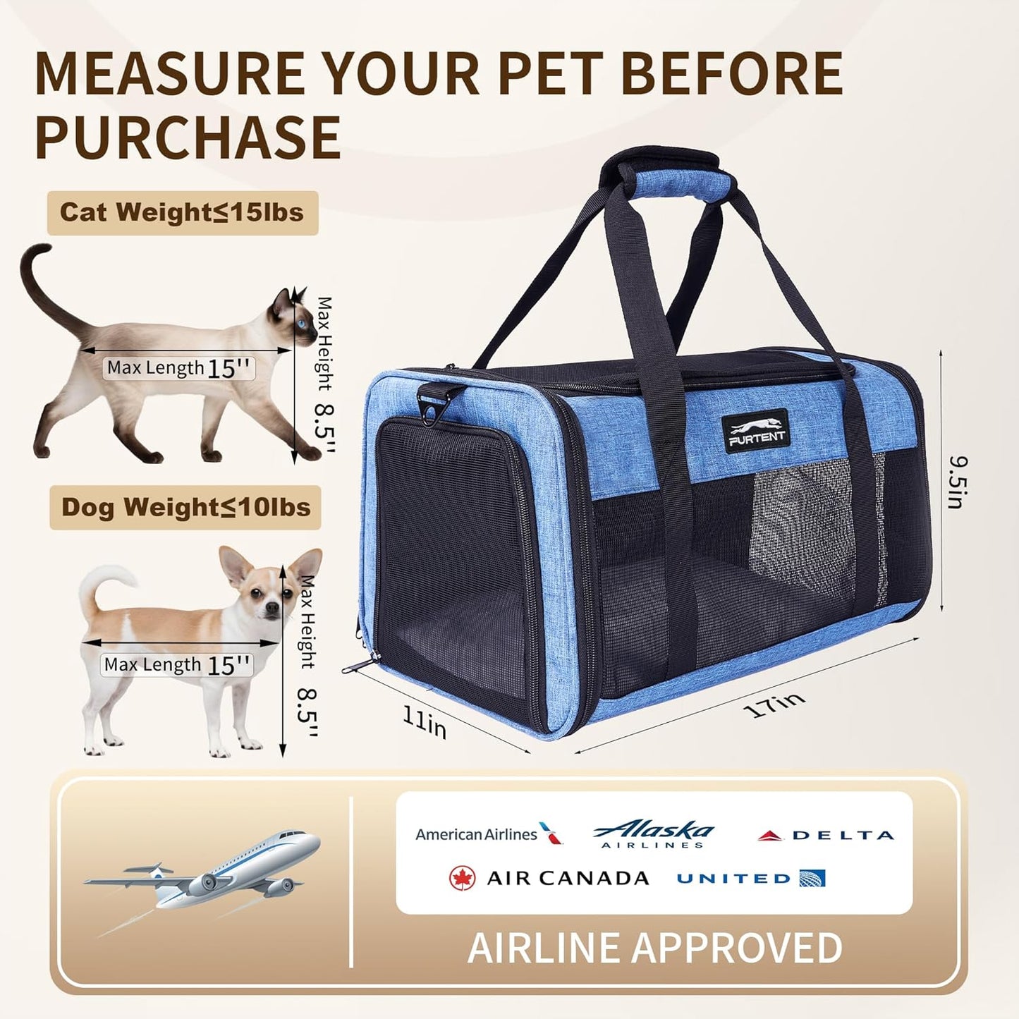 TSA Pet Carrier Airline Approved for Small Cats and Puppy, Cat Carrier Soft Fits Pets Up to 15 lbs, Dogs Carrier Bag with Litter Box Foldable, Ideal for Travel, Car Rides, and Vet Visits, Dark Blue