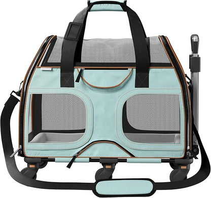 Katziela Pet Carrier - Airline Compliant Dog Carrier - TSA Approved Pet Carrier for Small Dogs and Cats - Soft FAA Travel Airplane Dog Carrier Luggage (Blue/Brown-6 Wheels)
