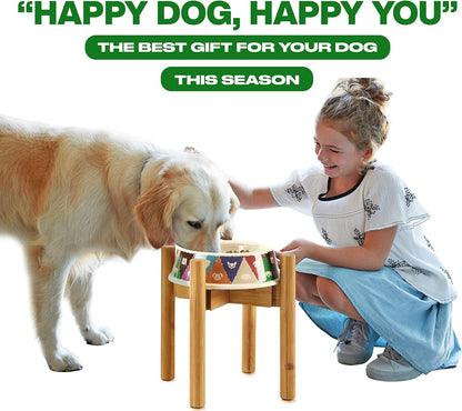 Dog Bowl Stand for Large Breed - 14-inch High, Adjustable Sideways to Fit Various Sizes of Pet Food/Water Bowls, Slow Feeders, and Drink Fountains - Bamboo
