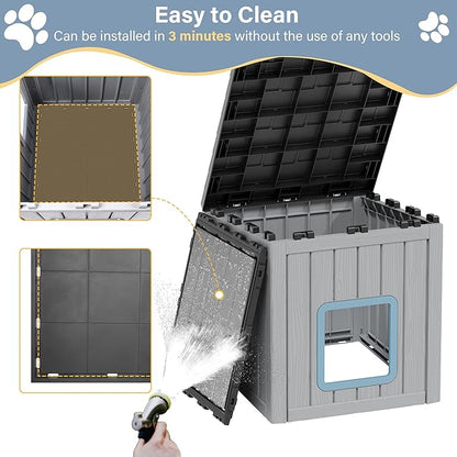 Outdoor Cat House, Cat Houses for Outdoor Indoor Cats, Clawsable Cat House Weatherproof, Feral Cat Shelter, Resin Insulated Material, Emergency Exit Easy to Clean and Install, Blue