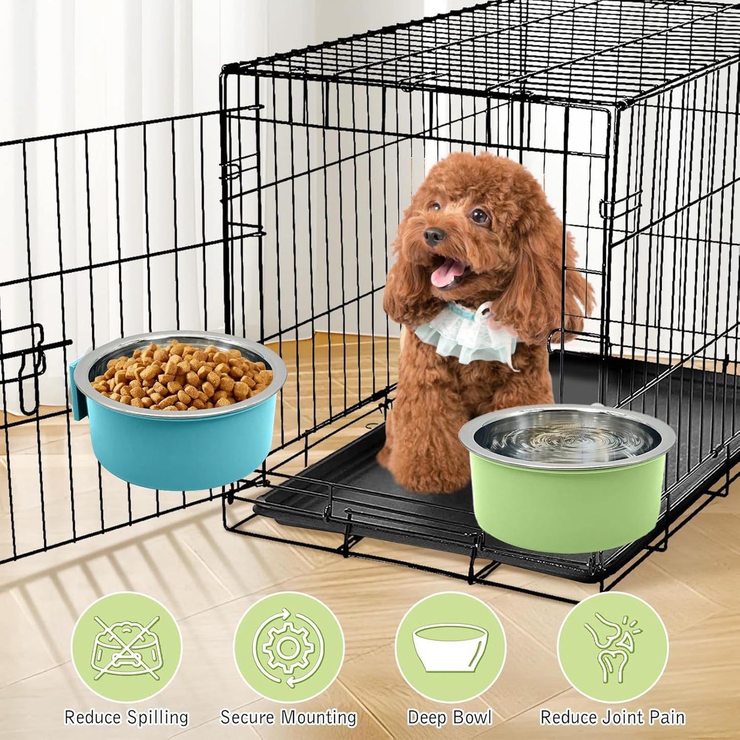 Tfwadmx 4 Pcs Crate Dog Bowl Cat Removable Stainless Steel Food and Water Feeder Hanging Cage Bowls Coop Cup with Cleaning Set for Pet Puppy Bird Rat Guinea Pig Ferret Bunny Rabbit (Light Blue&Green)
