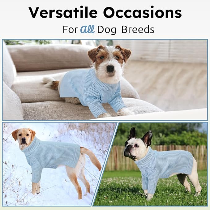 Queenmore Small Dog Sweater, Plaid Doggie Sweater, Long Sleeve Knitted Dog Sweater with Check Pattern, Warm Puppy Sweaters, Solid Pull-on Cat Sweaters, Blue S