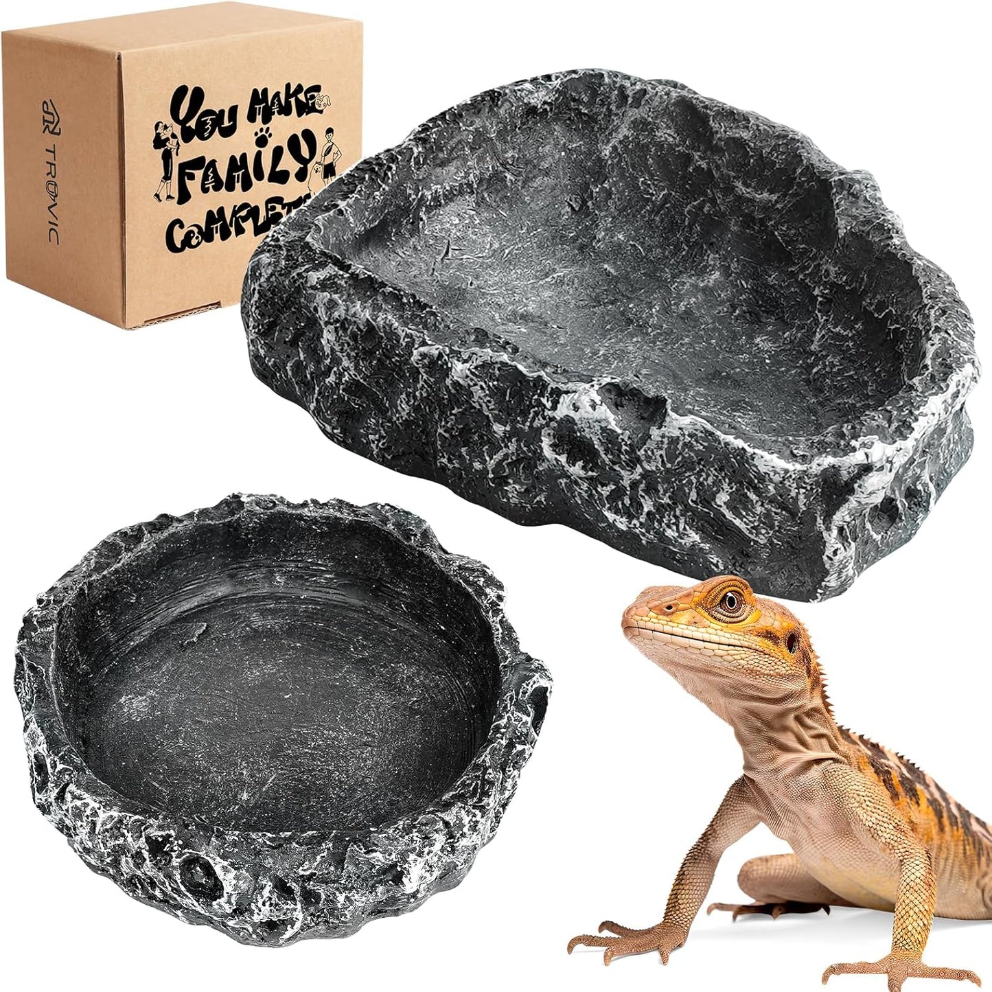 TRUVIC 2 Pack Reptile Feeding Dish Set, Reptile Water Dish Food Bowls for Bearded Dragon Tank Accessories, Resin Terrarium Bowls for Leopard Gecko, Lizard, Chameleon, Hermit Crab, Tortoise, Frog