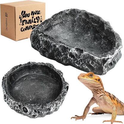 TRUVIC 2 Pack Reptile Feeding Dish Set, Reptile Water Dish Food Bowls for Bearded Dragon Tank Accessories, Resin Terrarium Bowls for Leopard Gecko, Lizard, Chameleon, Hermit Crab, Tortoise, Frog