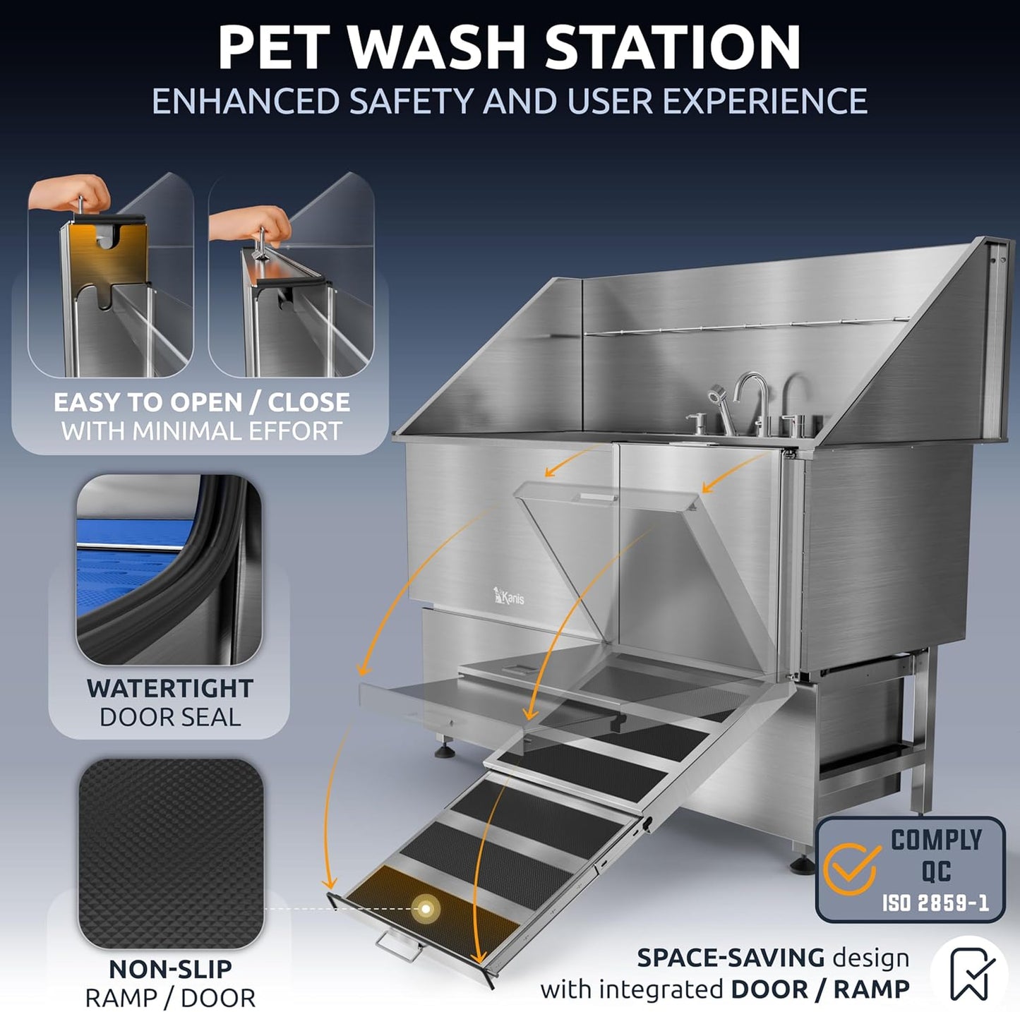 KANIS Professional Dog Washing Station - 304 Stainless Steel Pet Wash Sink & Grooming Bathtub w/Shower, Floor Grates and Storage for Large, Medium & Small Pets (61", 2 Drawers - Right Ramp)