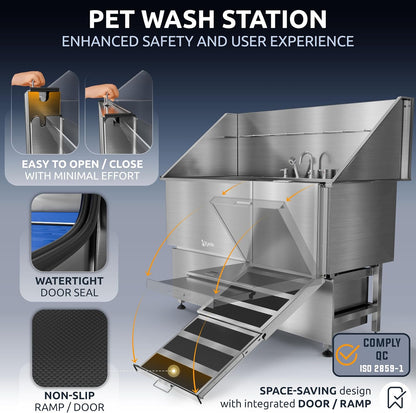 KANIS Professional Dog Washing Station - 304 Stainless Steel Pet Wash Sink & Grooming Bathtub w/Shower, Floor Grates and Storage for Large, Medium & Small Pets (61", 2 Drawers - Right Ramp)