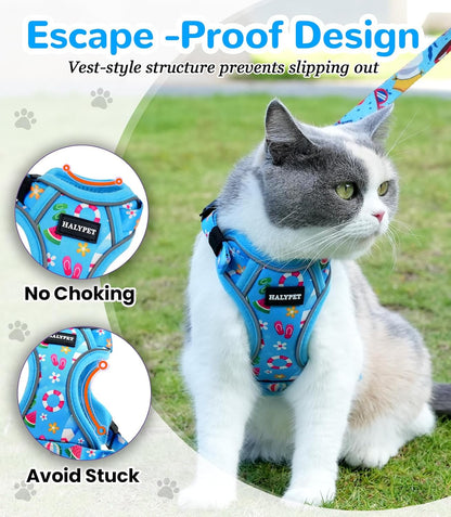 Halypet Cat Harness and Leash Set for Walking, Escape Proof Adjustable Vest Harness with 3-in-1 Integrated Buckles, Easy Control Soft Breathable Mesh with Reflective Strips for Cats, M, Ocean Blue