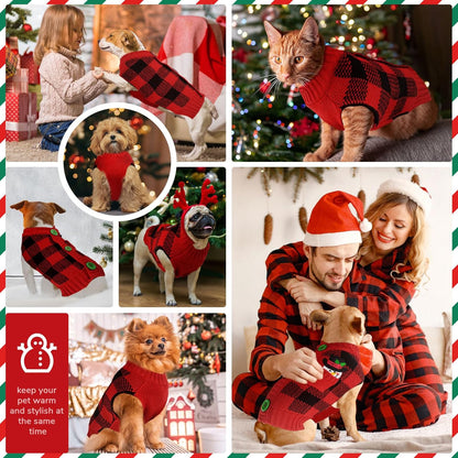 PETCARE Dog Christmas Sweater V-Neck Warm Knitted Puppy Sweaters Vest Cute Red Plaid Snowman Xmas Clothes Outfit for Small Medium Large Dogs Cat Pet Pullover (Decorative Buttons. Can't Untie)
