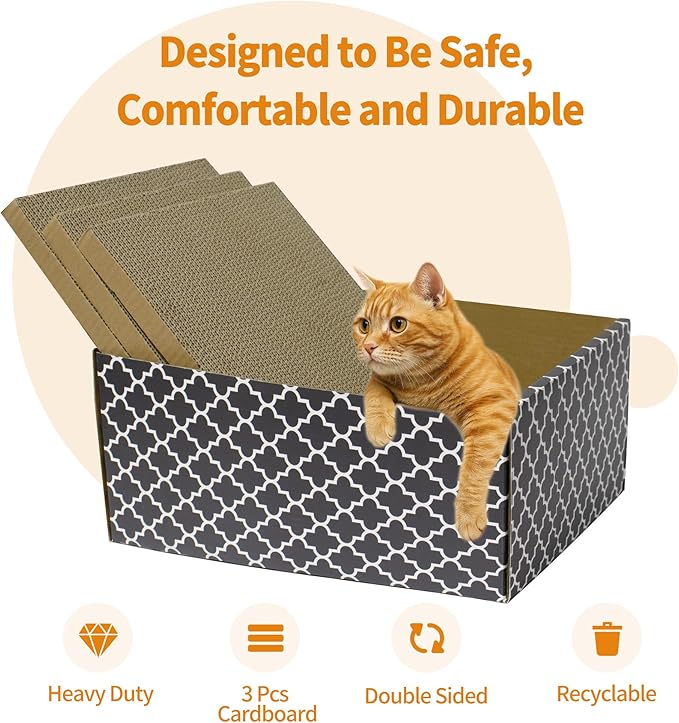 Larger Cat Scratcher Box, Heavy Duty Cat Bed with 3 Pack Refillable Double-Sided Cardboard Scratch Pad for Indoor Cats