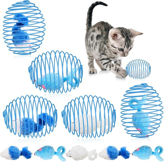 Jecery 5 Pcs Halloween Cat Spring Balls Toys Stretchable Rolling Balls Colorful Playful Coils Interactive Spring Action Toy Caged Rats for Kitten Cat Pet Supplies(Mouse,Blue White,5 Pcs)