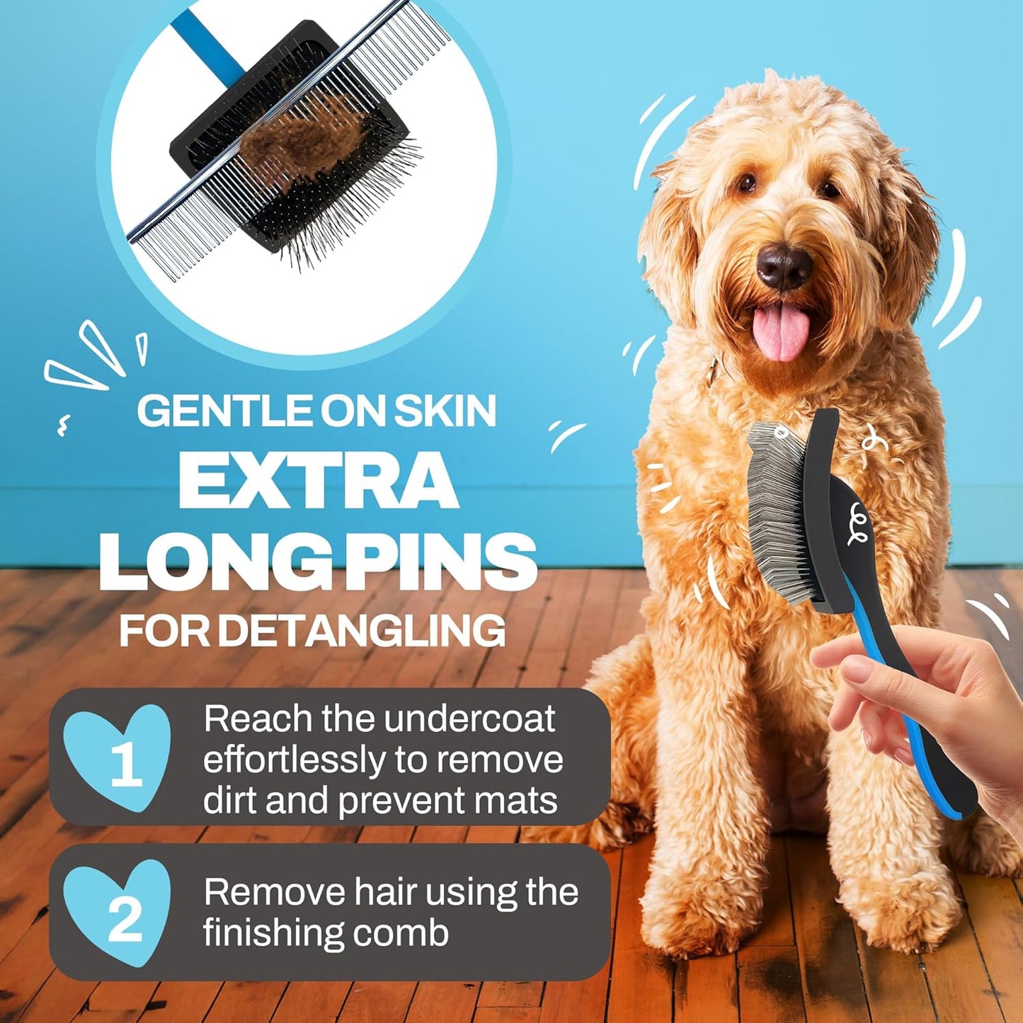 Doodle Brush Slicker Brush for Dogs - Doodle Detangler for Goldendoodle, Bernedoodle, Cockapoo, Cavapoo - Dog Brushes for Grooming & Dematting - Dog Grooming Brushes - Poodle Pin - Extra Long Pin