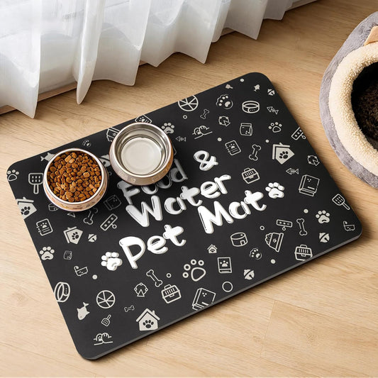 Pet Feeding Mat,Dog Cat Mat for Food and Water,Dog Bowl Waterproof Placemat with Rubber Backing,Absorbent Quick Dry Water Dispenser Mat for Pet（Black 16"×24"）