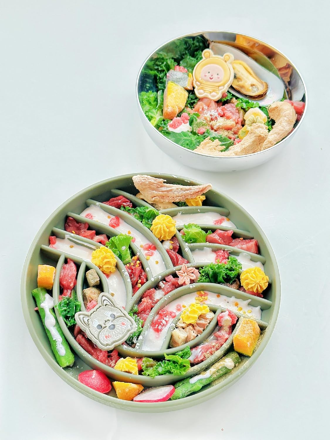 OHMO Slow Feeder Dog Bowls(Tree Life, Sage Green) Enrichment Soft Silicone Food Safe Feeding Bowl Non Slip Suction Cup for All Breed Pet, Cat Slow Down Eating Dishes, Boredom and Anxiety Reducer