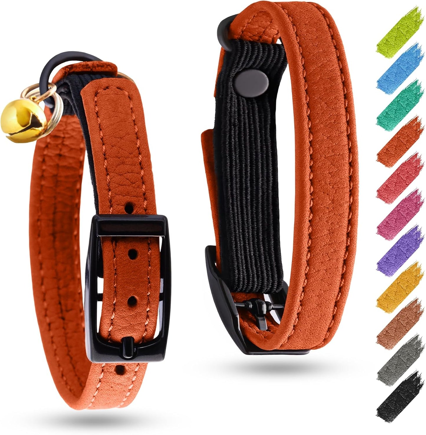 Leather Cat Collar with Bell and Safety Elastic Strap Breakaway Alternative for Small & Large Kittens, Stylish Pet Leather Collar for Boy, Girl Cats with Metal Buckle & QR ID Tag (Orange)