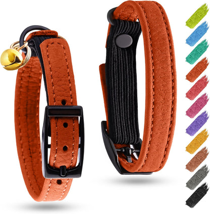 Leather Cat Collar with Bell and Safety Elastic Strap Breakaway Alternative for Small & Large Kittens, Stylish Pet Leather Collar for Boy, Girl Cats with Metal Buckle & QR ID Tag (Orange)