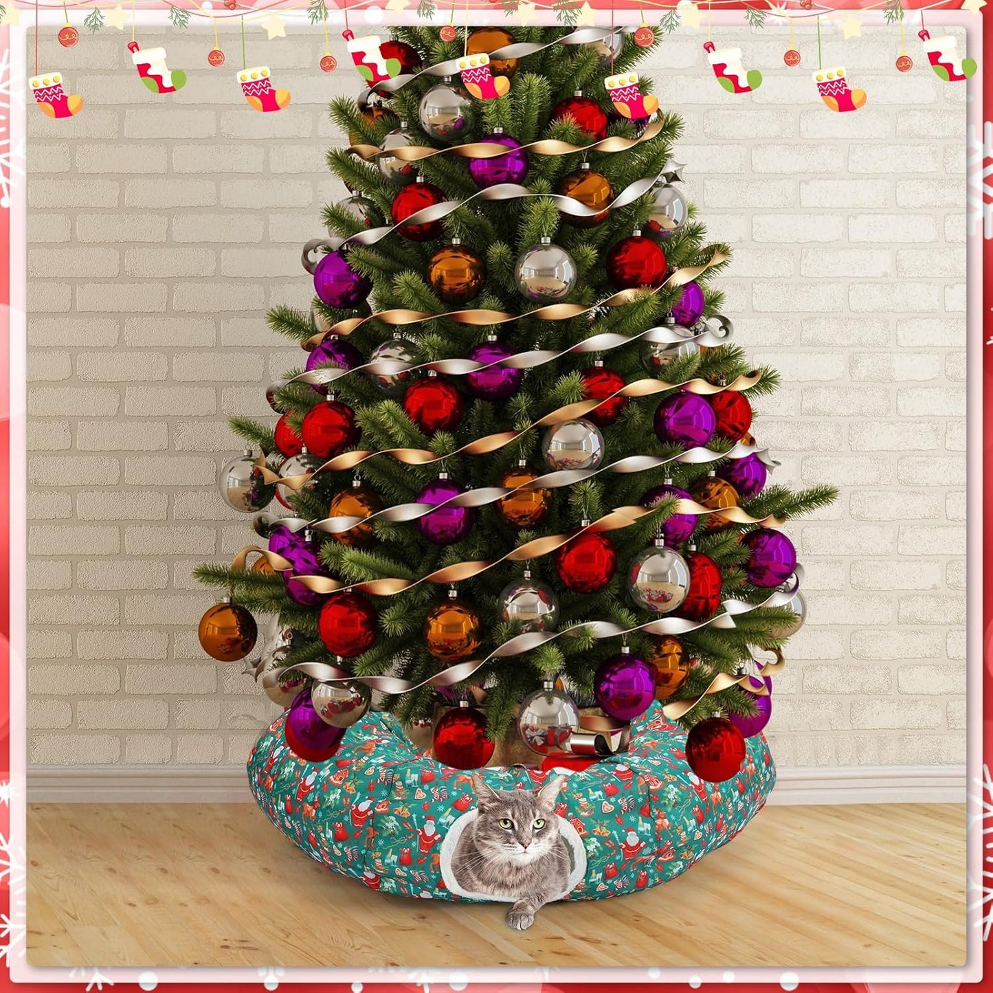 Christmas Cat Tunnel Bed for Indoor Cats Under Christmas Tree Skirt Tube with Hanging Ball Plush Cat Cave, Washable Holiday Pet Gift Toy & Gift for Kittens(Santa)