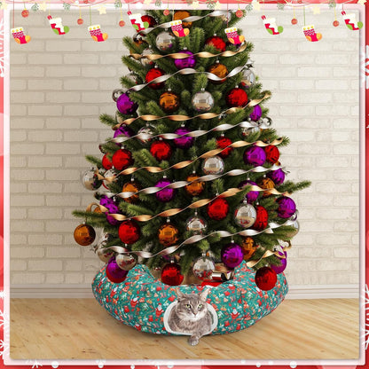 Christmas Cat Tunnel Bed for Indoor Cats Under Christmas Tree Skirt Tube with Hanging Ball Plush Cat Cave, Washable Holiday Pet Gift Toy & Gift for Kittens(Santa)