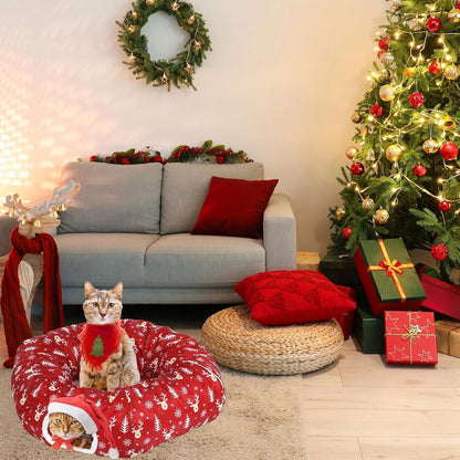 Christmas Cat Tunnel Bed for Indoor Cats Under Christmas Tree Skirt Tube with Hanging Ball Plush Cat Cave, Washable Holiday Pet Gift Toy & Gift for Kittens(Elk)