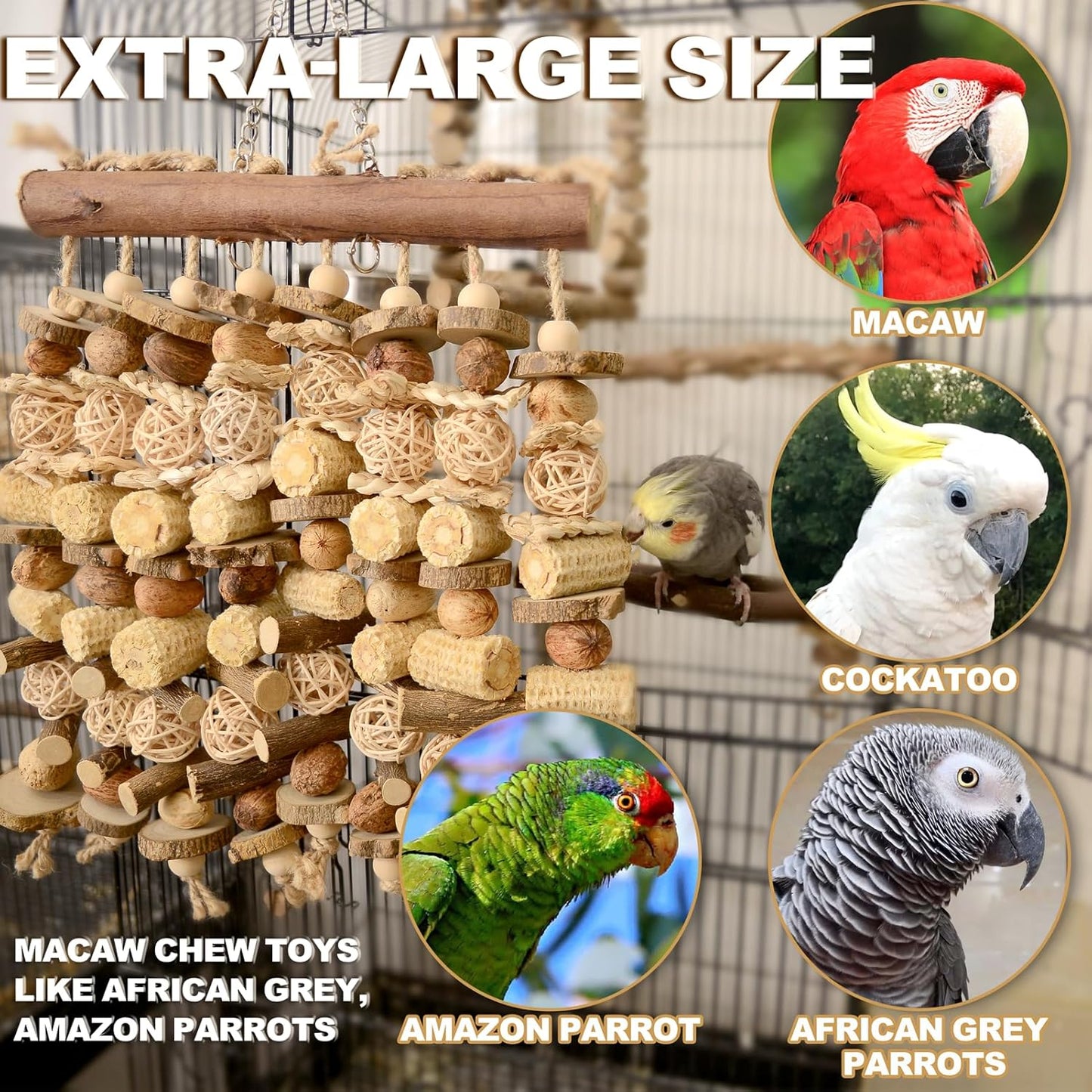 Extra Large Bird Macaw Chew Toys for Pets - Natural Wood - Heavy Duty Foraging and Destructive Play for Large Parrots - Bird Cage Accessories - for Macaw, Cockatoo, African Grey, Amazon Parrots