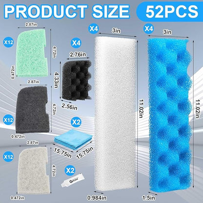 52 Pcs Replacement Filter Media Kit Compatible with Fluval 406/407 Aquarium Filters Include 12 Biological Foams Ammonia Remover Phosphate Pads Nitrite Remover, Towel and Grease